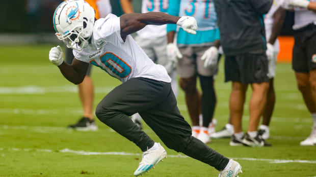 Jun 6, 2023; Miami Gardens, FL, USA; Miami Dolphins wide receiver Tyreek Hill (10) runs on the field during mandatory minicamp at the Baptist Health Training Complex.